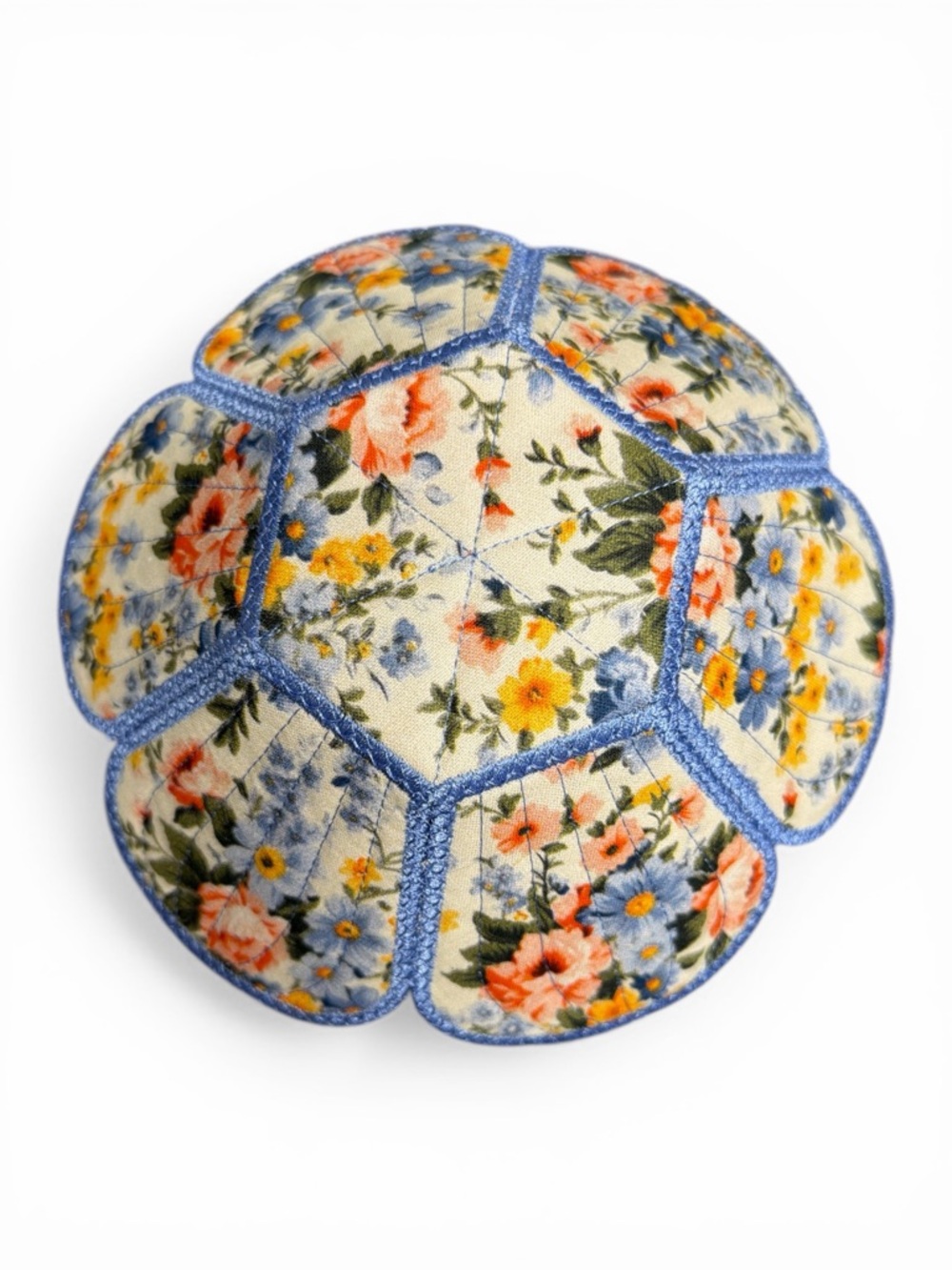 Hand Crafted Basket Center Piece Bowl Quilted 8” round x 3” tall Blue and yellow - Picture 4 of 5